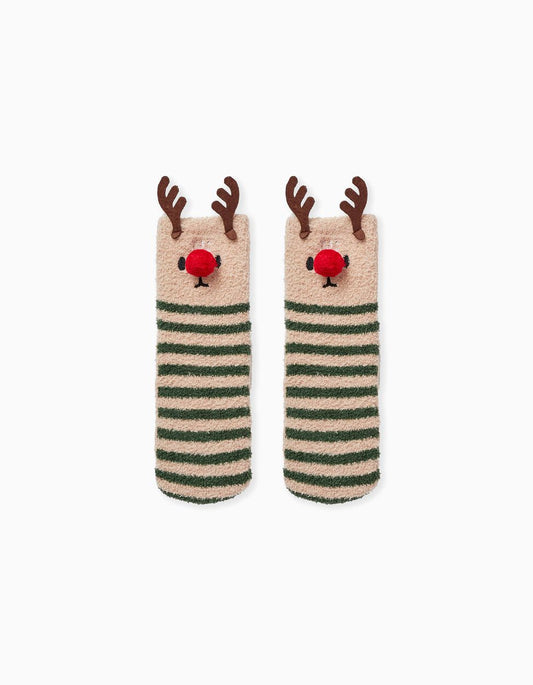 Socks with pompom for children 'rena rudolfo - natal', beige/green - Zippy