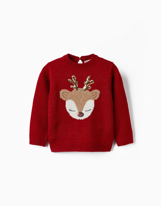Knitted sweater for baby girl 'reindeer', red - Zippy