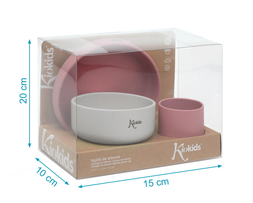 Conjunto refeição silicone BLW Rosa/Cinza 3 peças