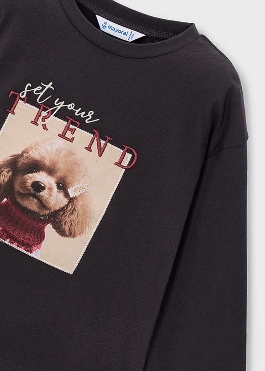 Camisola de manga comprida com cão para menina Mayoral em Carvão - detalhe