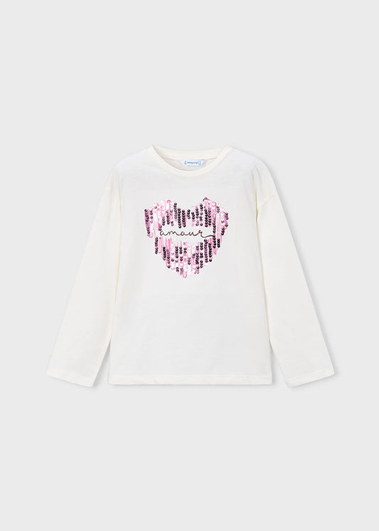 Camisola de manga comprida com coração de lantejoulas para menina Mayoral em Cru e Malva