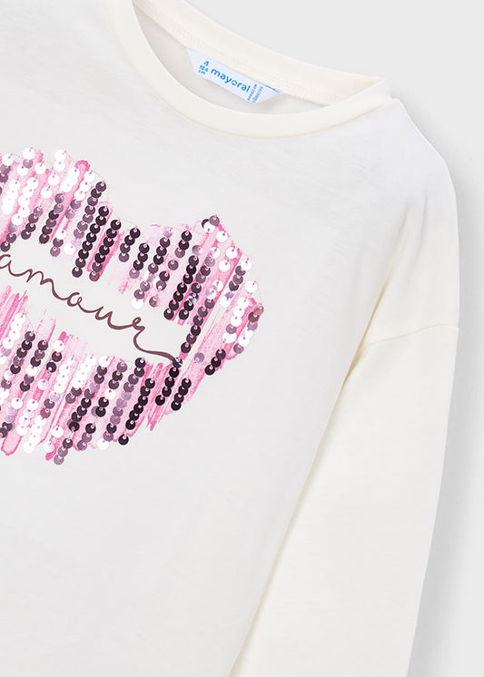 Camisola de manga comprida com coração de lantejoulas para menina Mayoral em Cru e Malva - detalhe