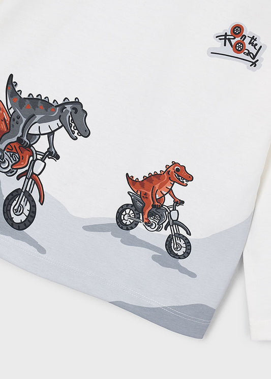 Camisola de manga comprida com dinossauros e motos para menino Mayoral em Nata - detalhe