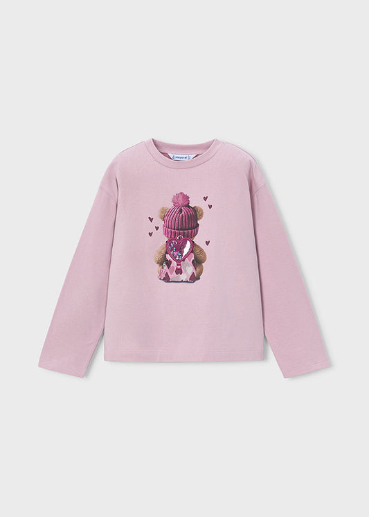 Camisola de manga comprida com ursinho para menina Mayoral em Rosa Malva