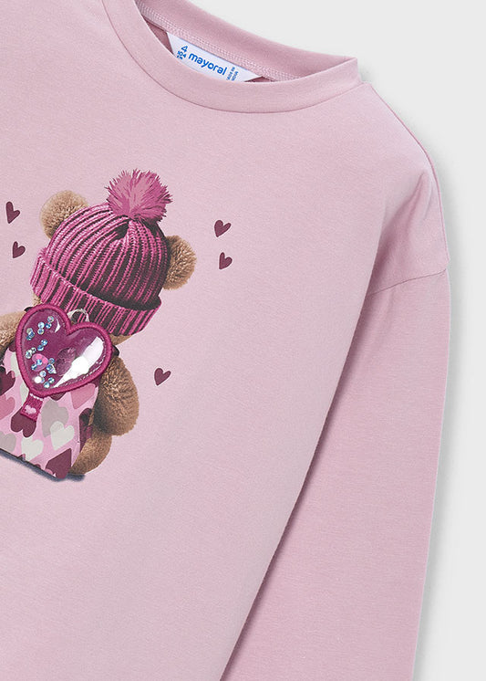 Camisola de manga comprida com ursinho para menina Mayoral em Rosa Malva - detalhe