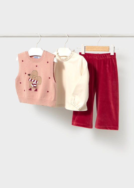 Conjunto de 3 peças com colete de tricô para bebé menina Mayoral em Rooibos