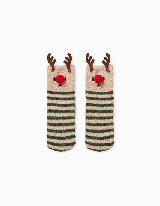 Socks with pompom for children 'rena rudolfo - natal', beige/green - Zippy
