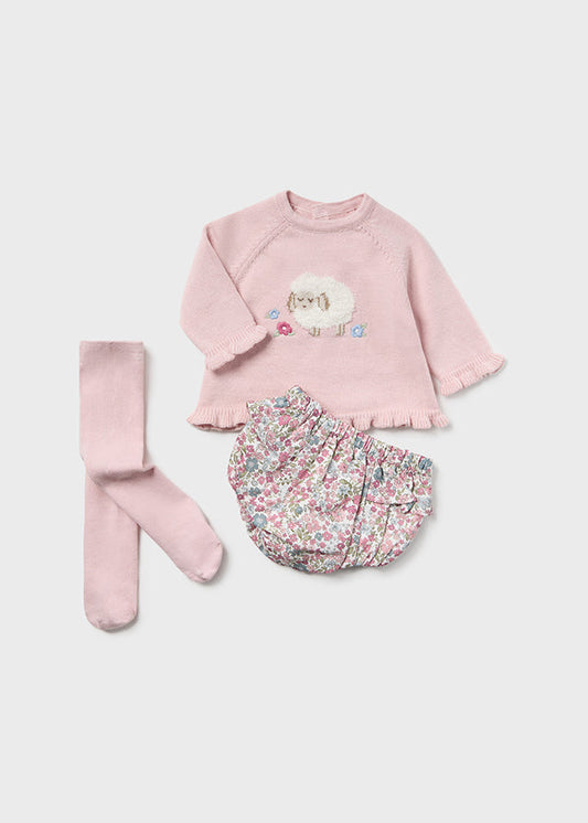 Conjunto tapa fraldas, jersey tricô e meia calça Rosa baby - Mayoral