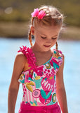 Fuchsia girl print asymmetric swimsuit