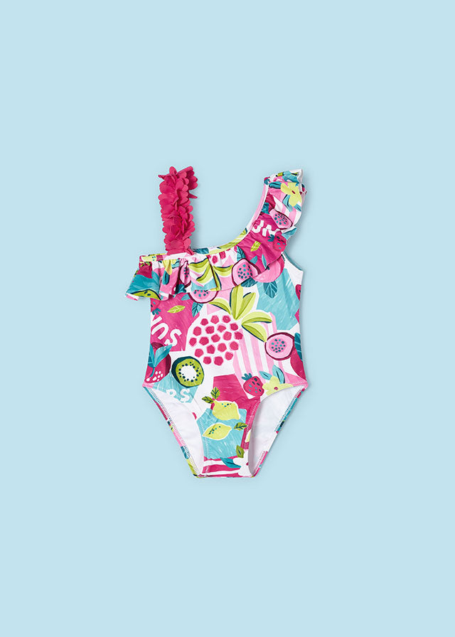 Fuchsia girl print asymmetric swimsuit