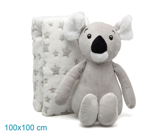 Conjunto prenda: manta 100x100cms + peluche Koala Cinza