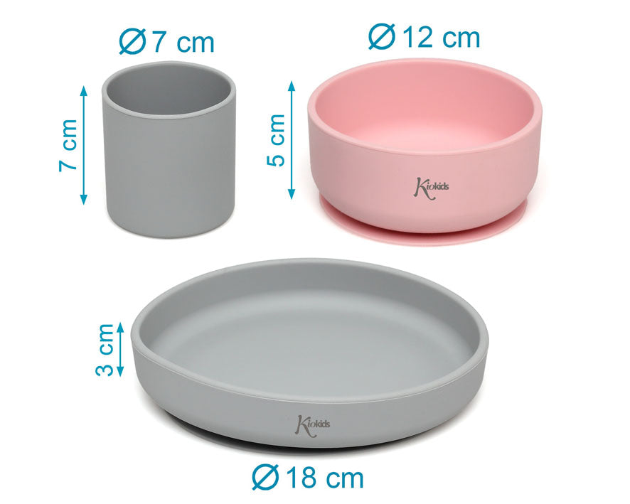 Conjunto refeição silicone BLW Rosa/Cinza 3 peças