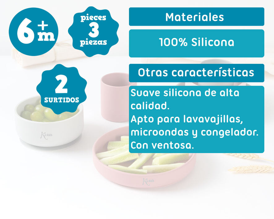 Conjunto refeição silicone BLW Rosa/Cinza 3 peças