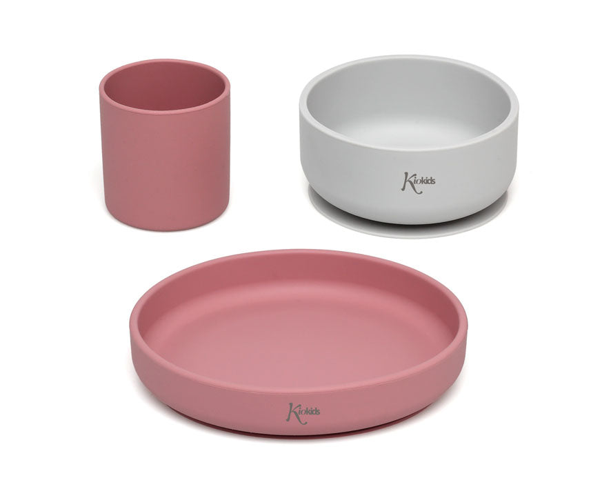 Conjunto refeição silicone BLW Rosa/Cinza 3 peças