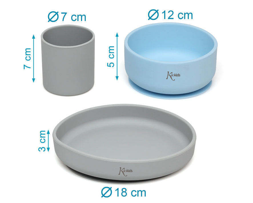 Conjunto refeição silicone BLW Azul/Cinza 3 peças