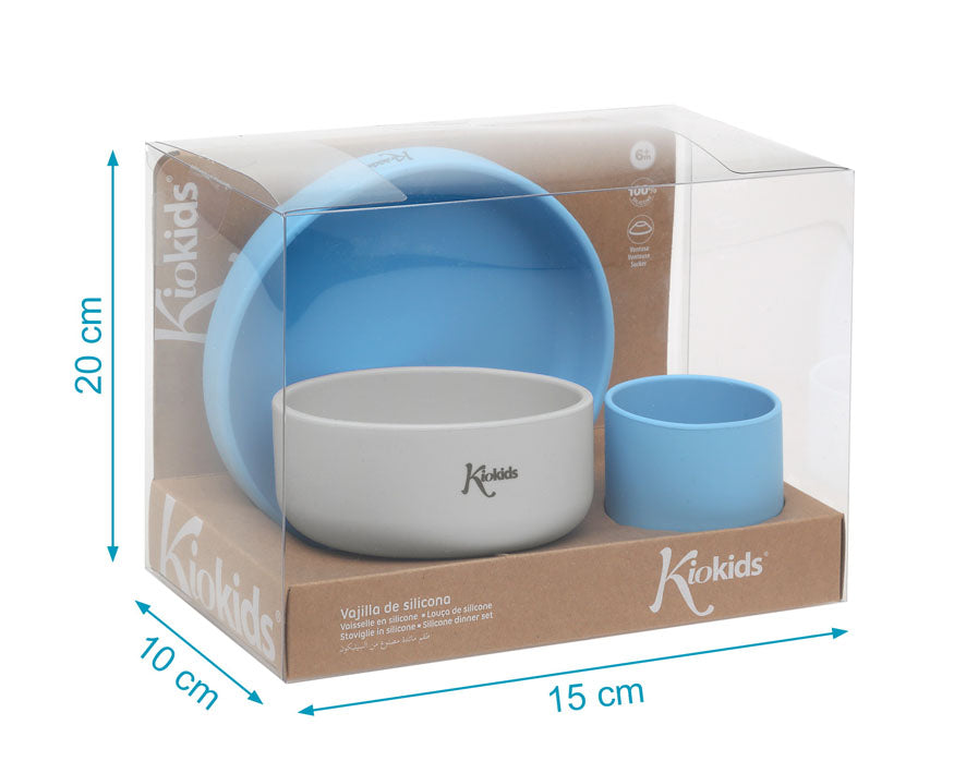 Conjunto refeição silicone BLW Azul/Cinza 3 peças