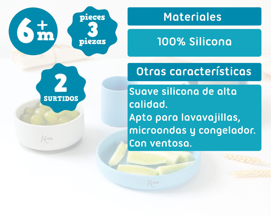 Conjunto refeição silicone BLW Azul/Cinza 3 peças