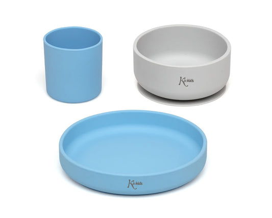 Conjunto refeição silicone BLW Azul/Cinza 3 peças