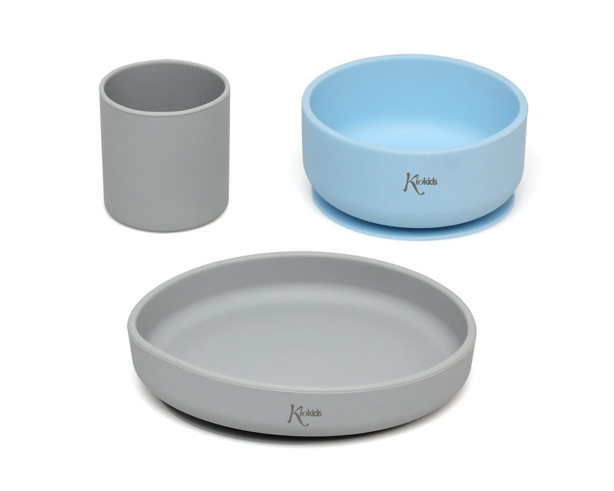 Conjunto refeição silicone BLW Azul/Cinza 3 peças