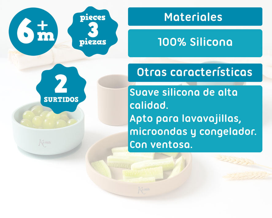 Conjunto refeição silicone BLW Verde/Bege 3 peças