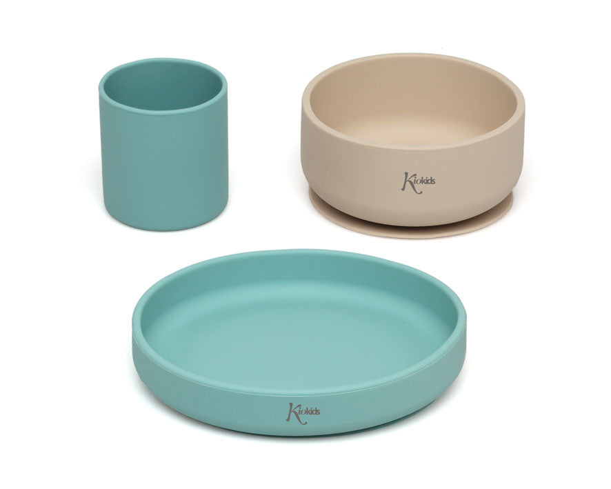 Conjunto refeição silicone BLW Verde/Bege 3 peças