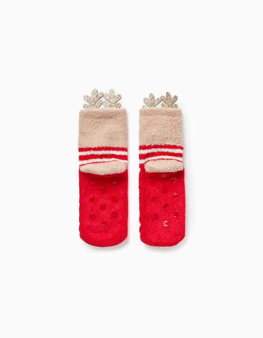 'Rudolph' girl's socks with pompom and horns, beige/red - Zippy