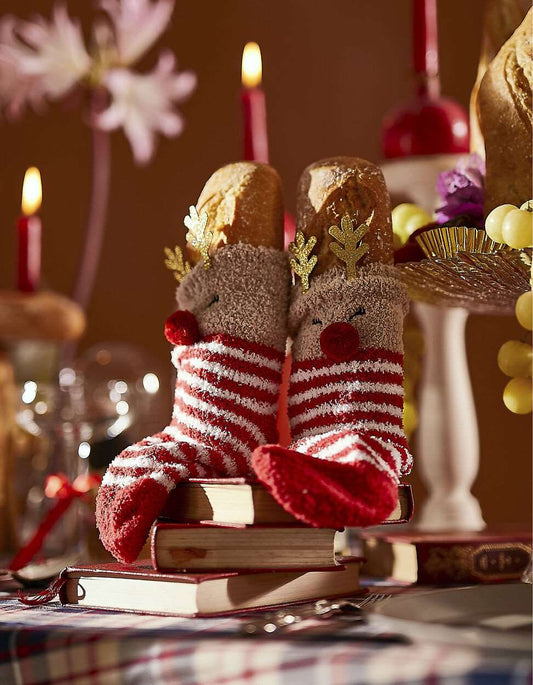 Meias com pompom e chifres para menina 'rudolph', bege/vermelho - Zippy