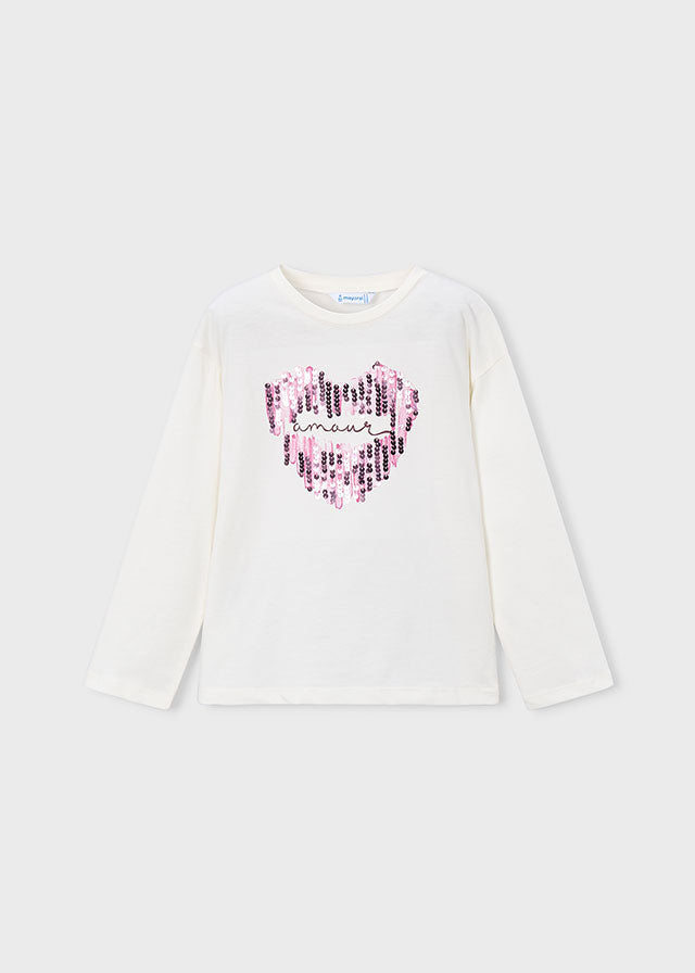 Camisola de manga comprida com coração de lantejoulas para menina Mayoral em Cru e Malva