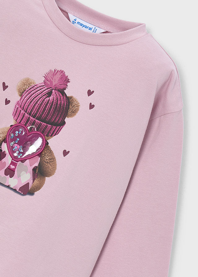 Camisola de manga comprida com ursinho para menina Mayoral em Rosa Malva - detalhe