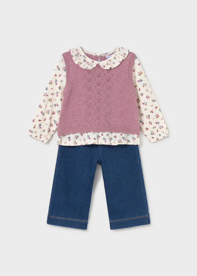 Conjunto de 3 peças com colete de tricô para bebé menina Mayoral em Violeta Mesclado