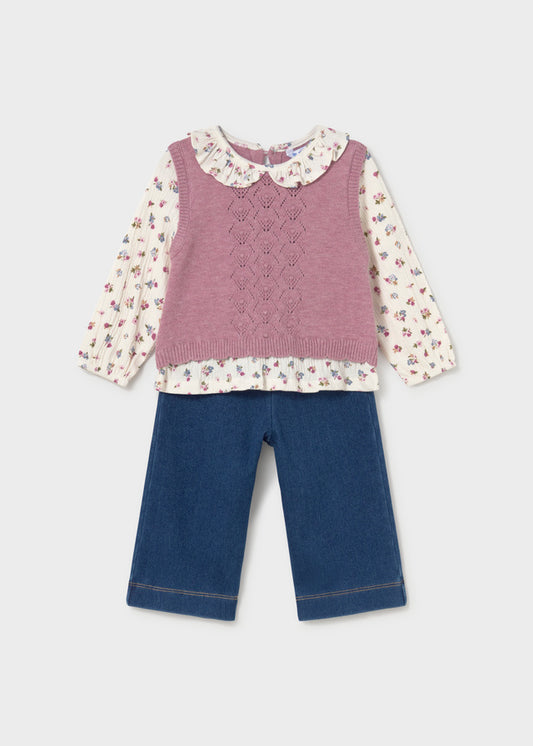 Conjunto de 3 peças com colete de tricô para bebé menina Mayoral em Violeta Mesclado