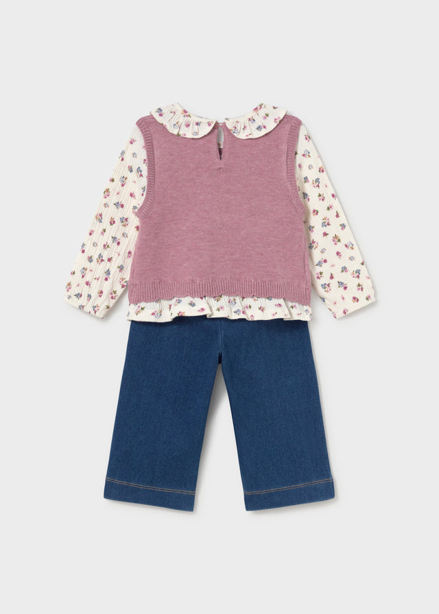 Conjunto de 3 peças com colete de tricô para bebé menina Mayoral em Violeta Mesclado - costas