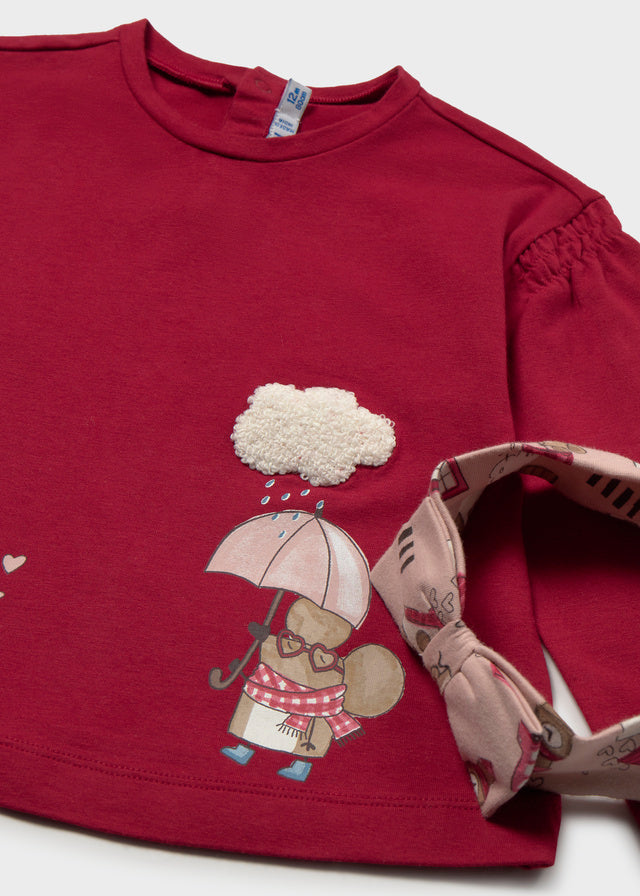 Conjunto de camisola, leggings e bandolete para bebé menina Mayoral em Rooibos - detalhe