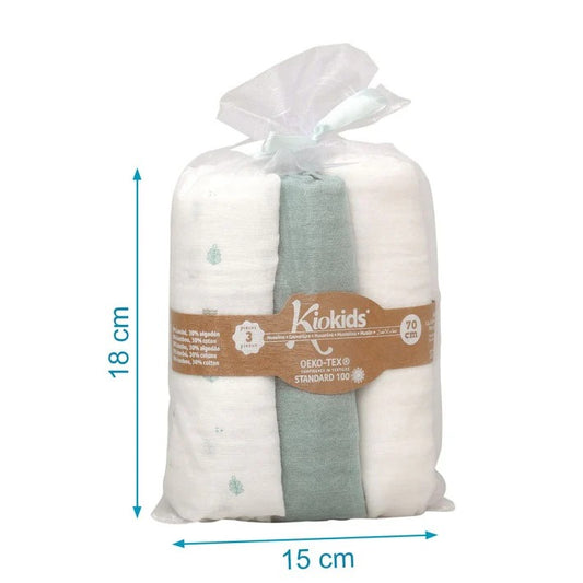 Conjunto 3 musselinas sálvia, branco e estampado 70x70cm - Kiokids